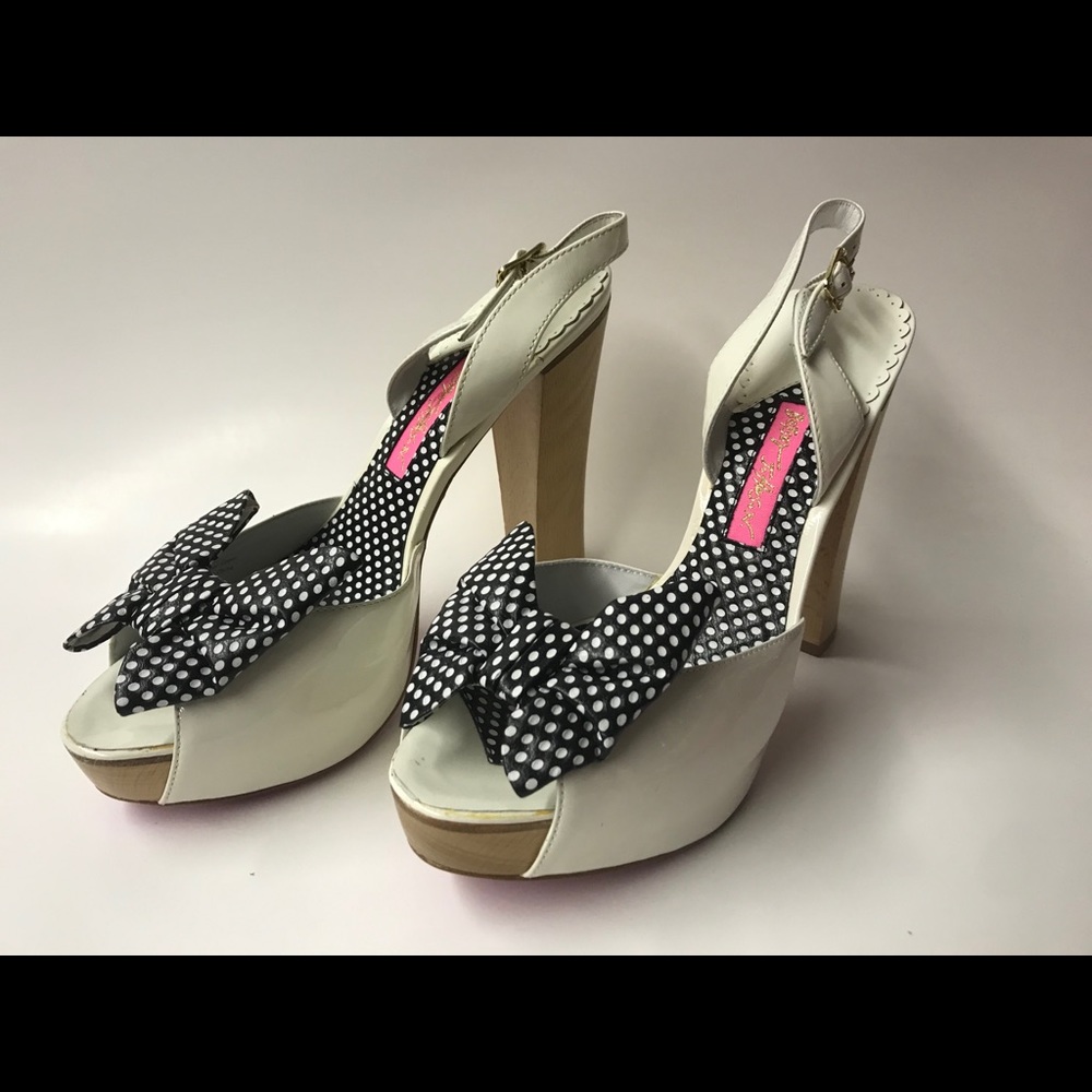 Betsey Johnson peep toe retro bow heels wooden shoes vintage pinup housewife - Picture 2 of 6